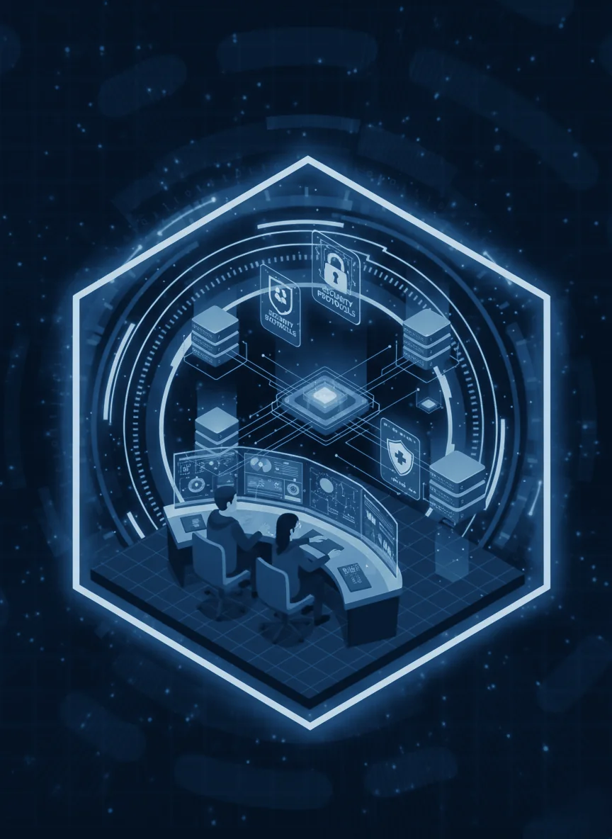 Illustrazione 3D isometrica di un laboratorio di ricerca e sviluppo di cybersecurity, con server e interfacce dati complesse illuminate da luci viola e ciano.